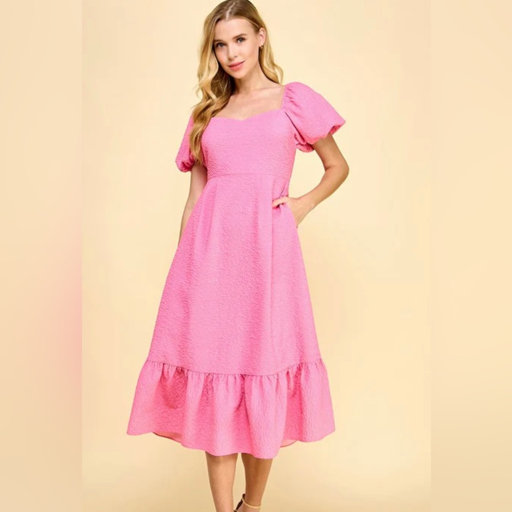 Pink puff sleeve midi dress